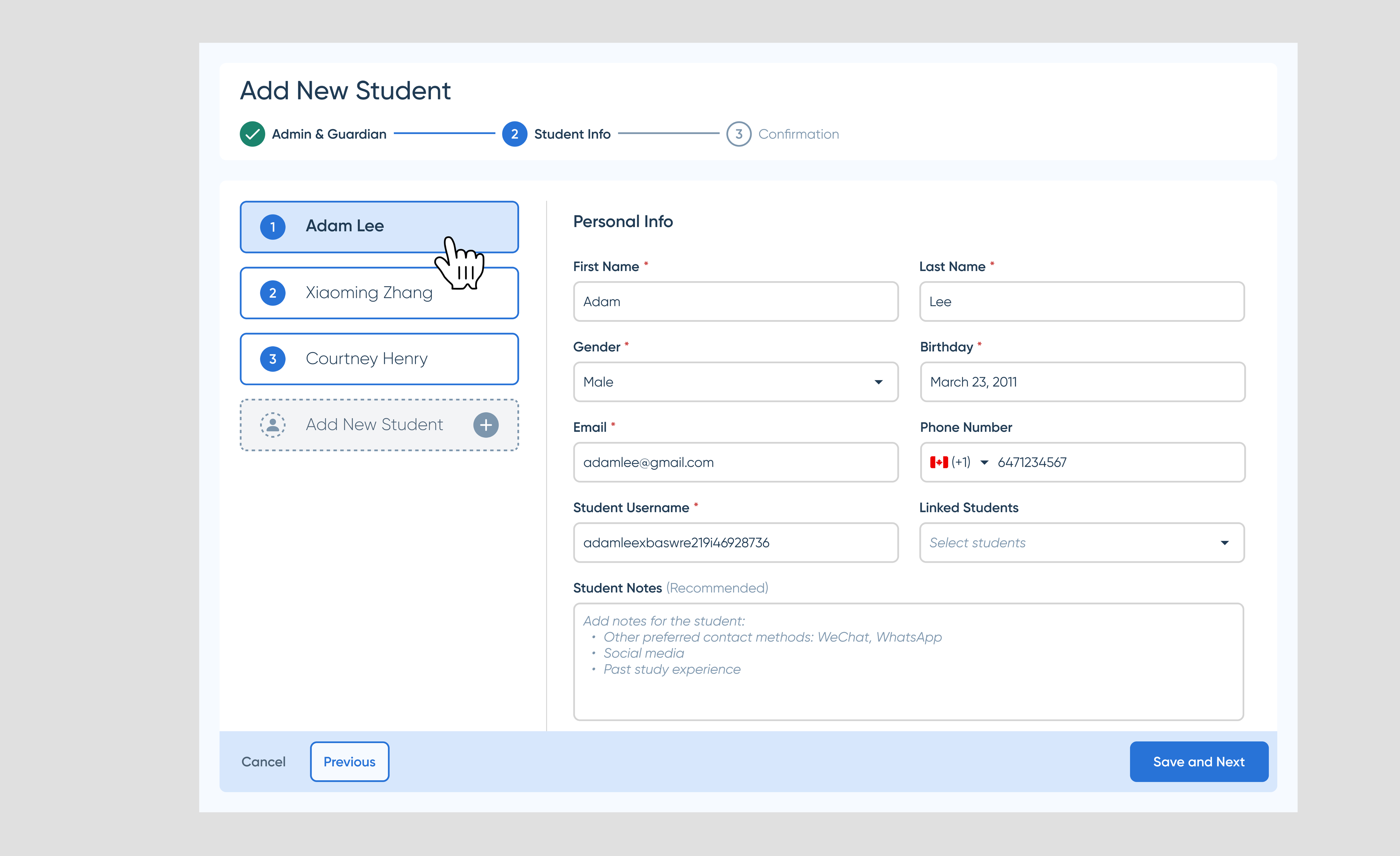 New student enrollment form — Add New Student flow with per-student tabs